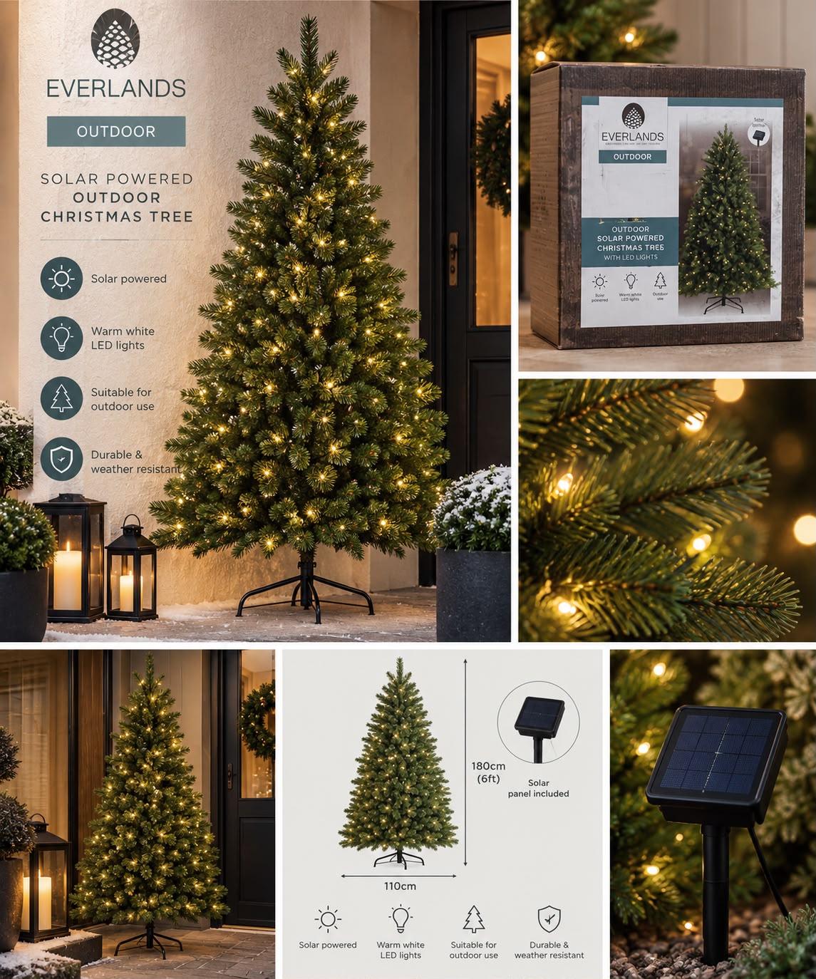 Outdoor Solar Powered Christmas Tree with Warm White LED Lights (6ft/180cm)