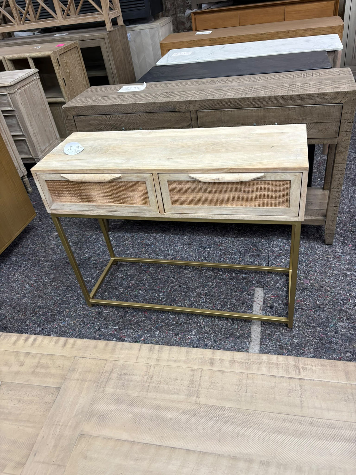 Rattan Cane Console Table with Gold Metal Legs, 2 Drawers