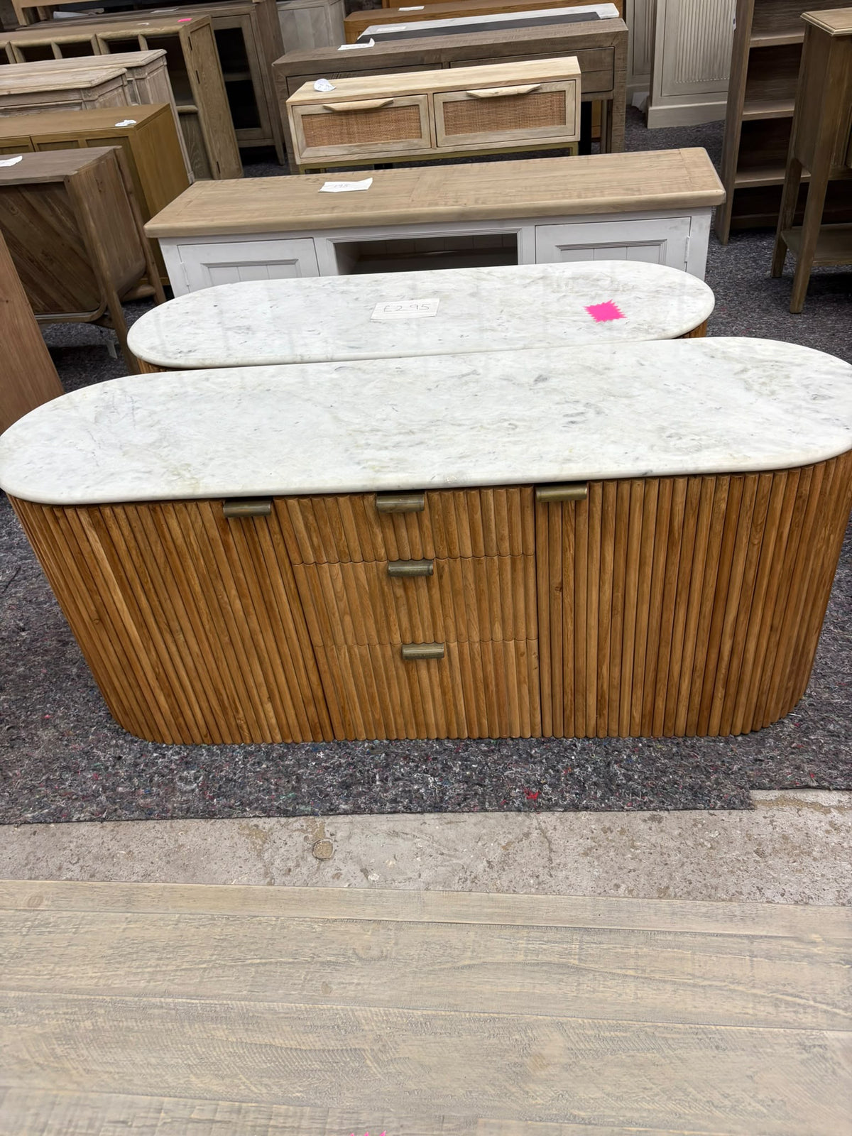 Fluted Wood Sideboard with Marble Top, Rounded Edge