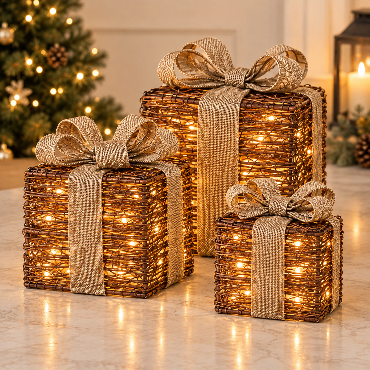 Set of 3 Light-Up Rattan Gift Boxes with Burlap Bow