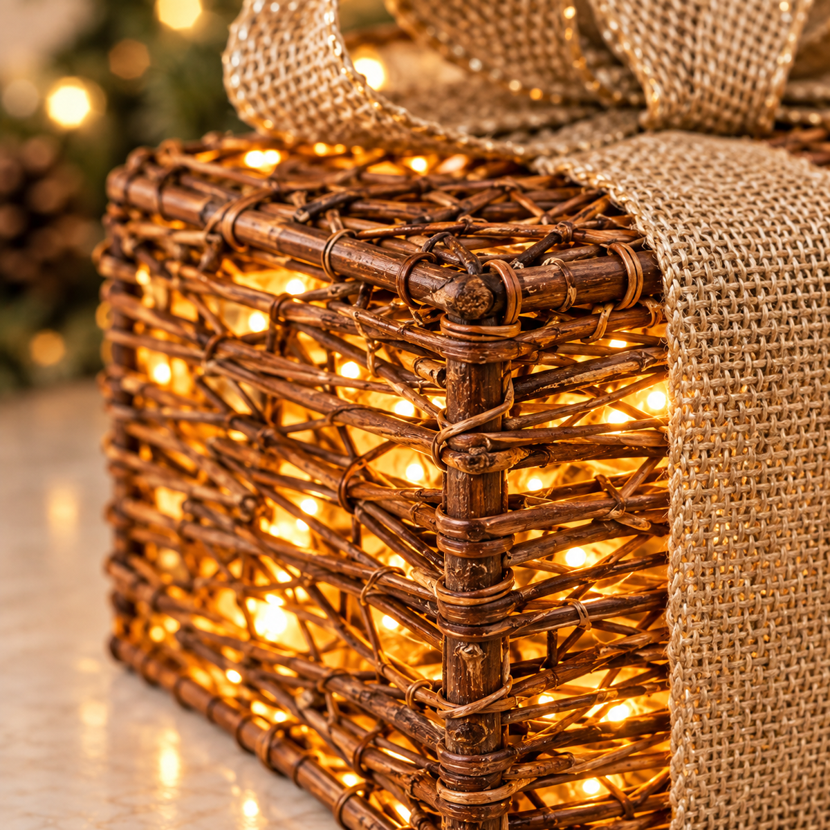 Set of 3 Light-Up Rattan Gift Boxes with Burlap Bow