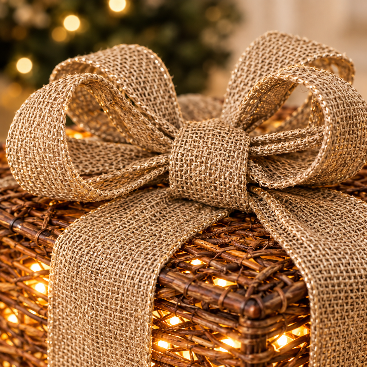 Set of 3 Light-Up Rattan Gift Boxes with Burlap Bow