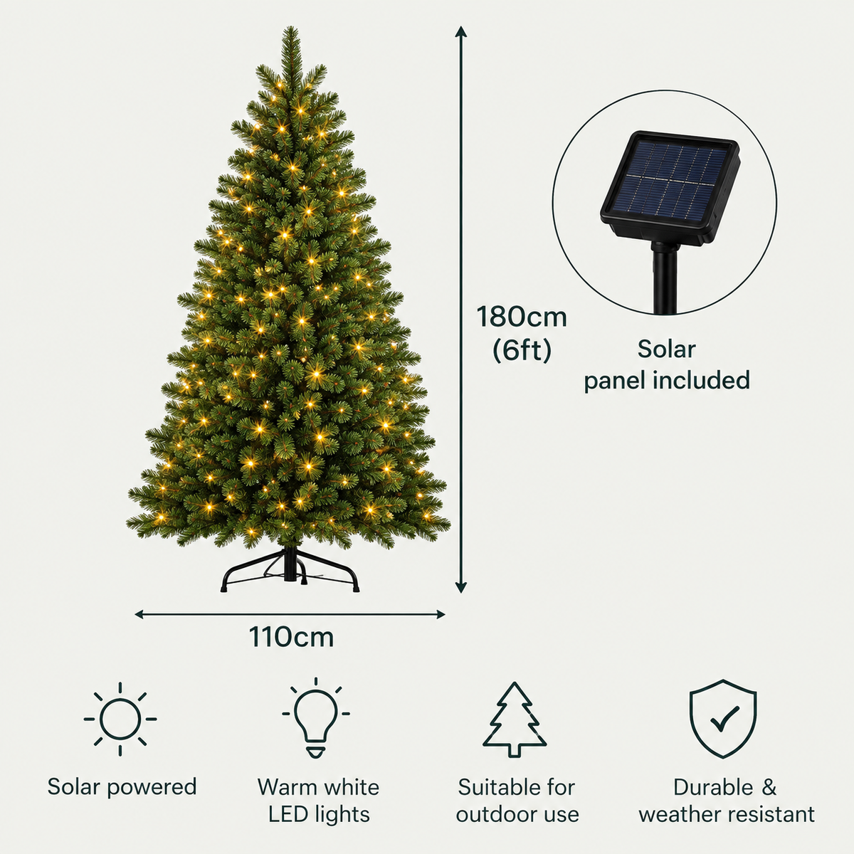Outdoor Solar Powered Christmas Tree with Warm White LED Lights (6ft/180cm)