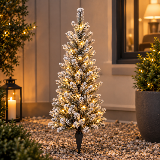 Pre-Lit Snow-Flocked Artificial Christmas Tree with Ground Stake
