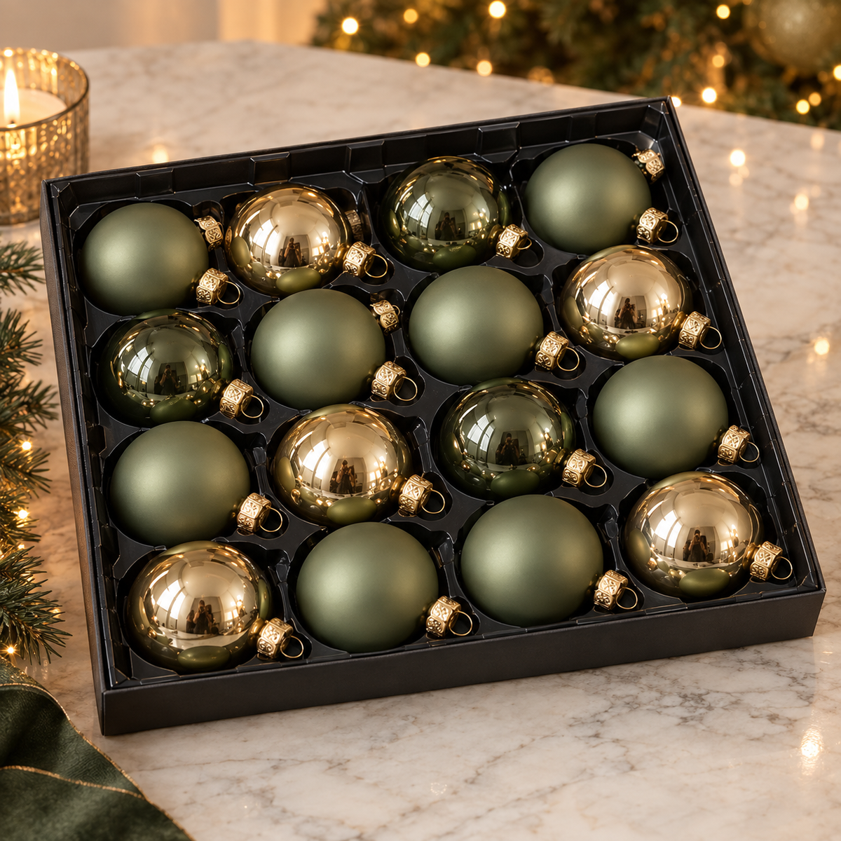 Glass Christmas Bauble Set – Sage Green & Gold, Mixed Finish