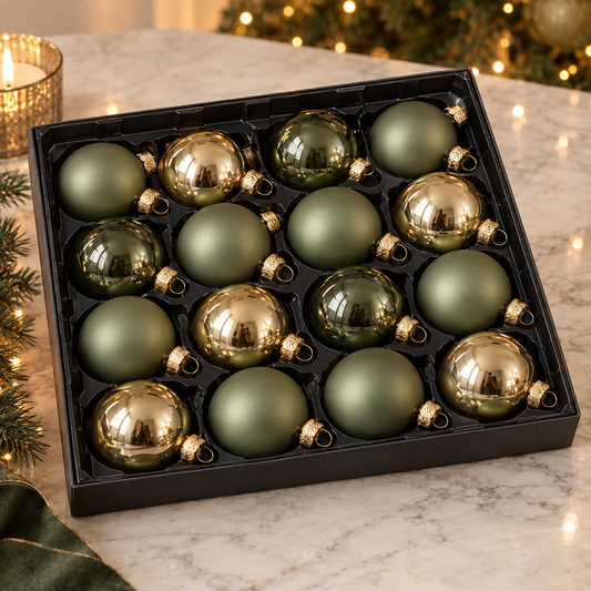 Glass Christmas Bauble Set – Sage Green & Gold, Mixed Finish