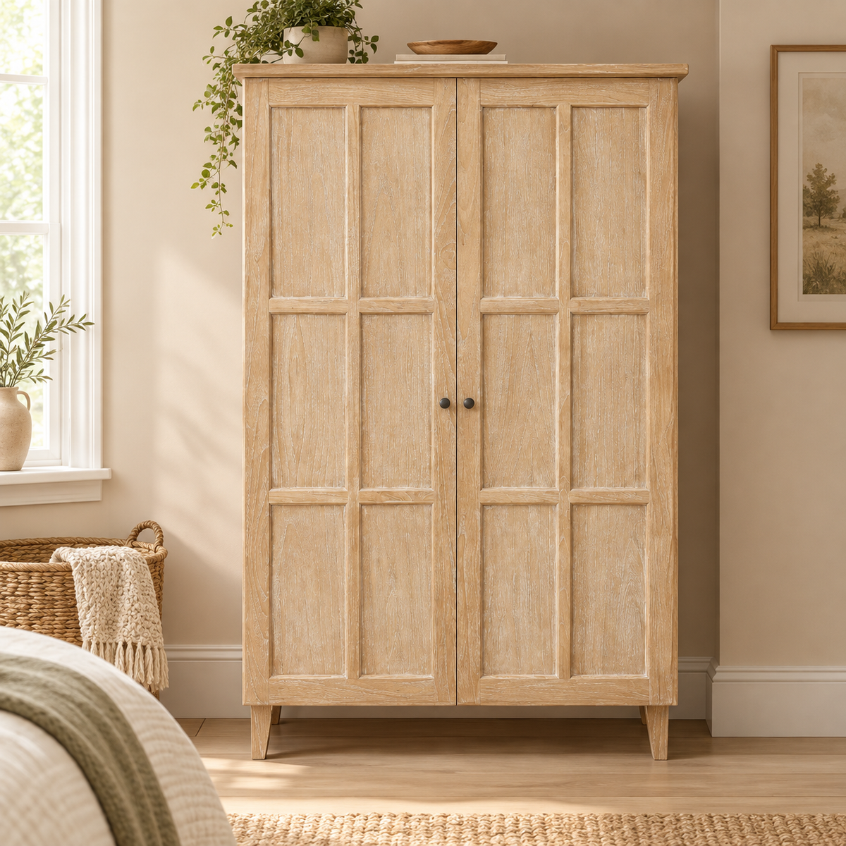 Whitewashed Oak 2-Door Wardrobe/Armoire, Panelled Design