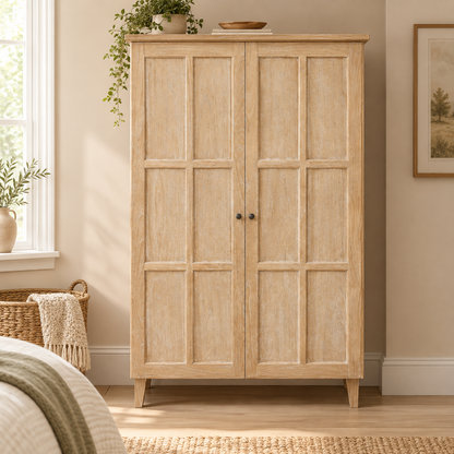 Whitewashed Oak 2-Door Wardrobe/Armoire, Panelled Design