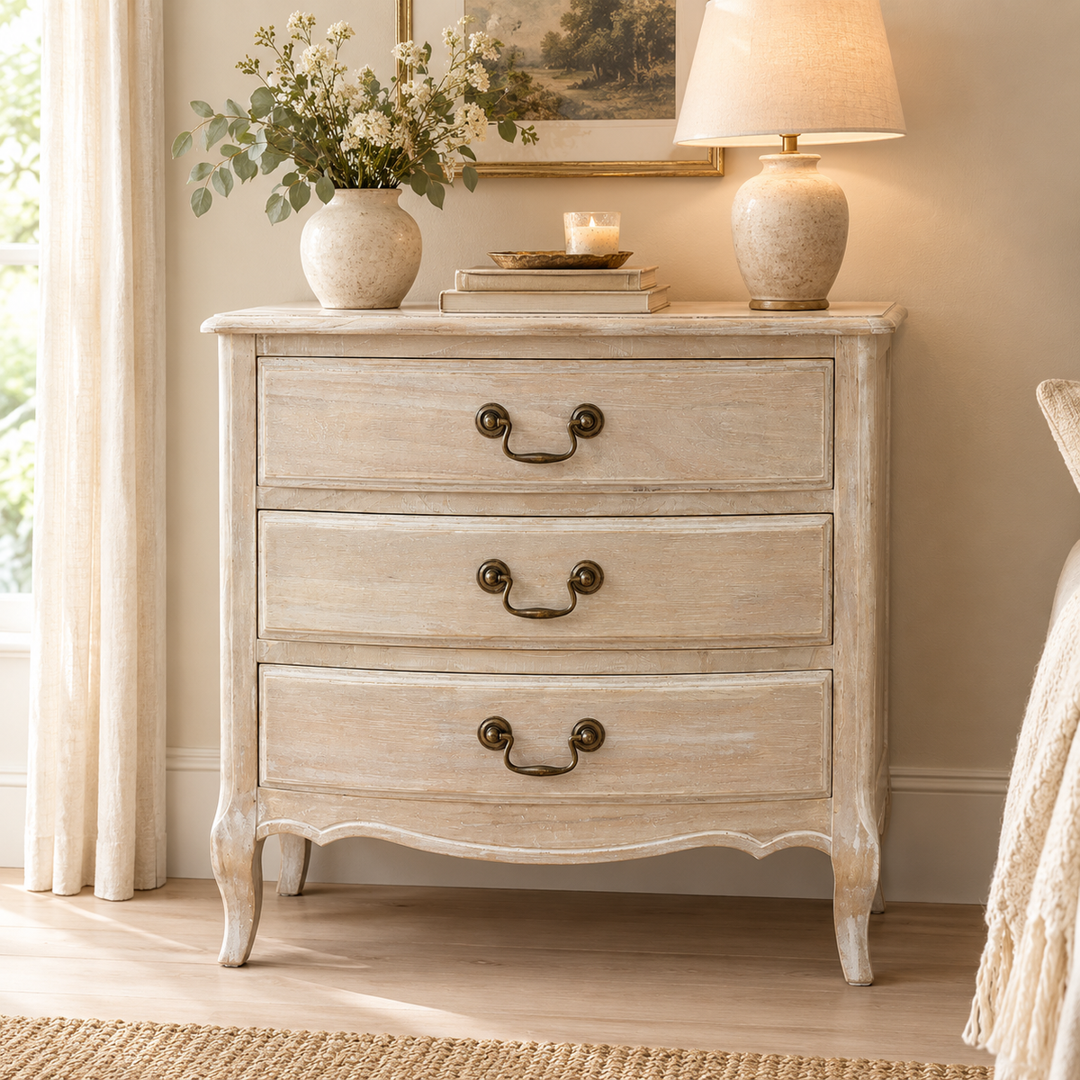 French-Style Whitewashed 3-Drawer Chest with Brass Handles