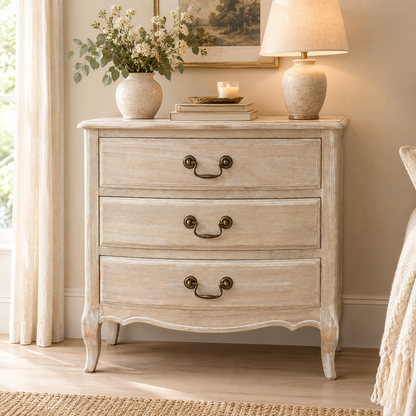 French-Style Whitewashed 3-Drawer Chest with Brass Handles