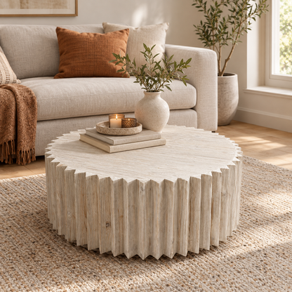 Round Scalloped Fluted Wood Coffee Table, Whitewashed Finish