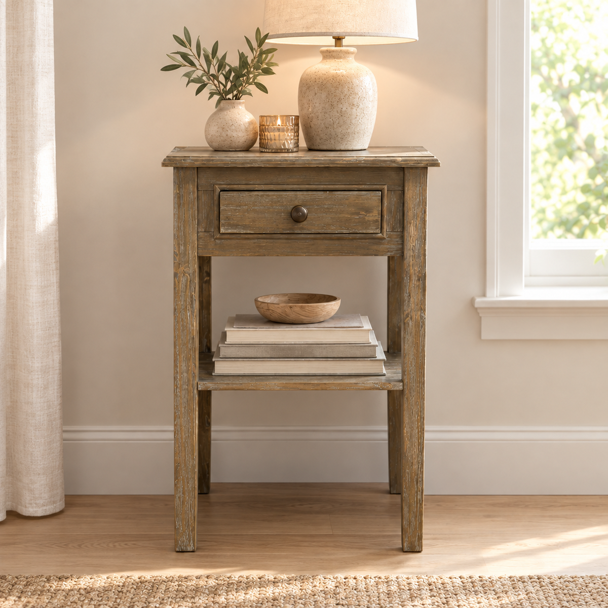 Weathered Wood Side Table with Drawer and Open Shelves
