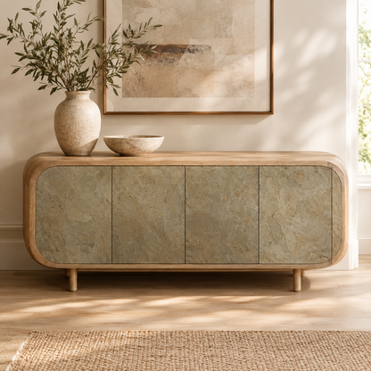 Curved Oak Sideboard with Stone-Effect Doors