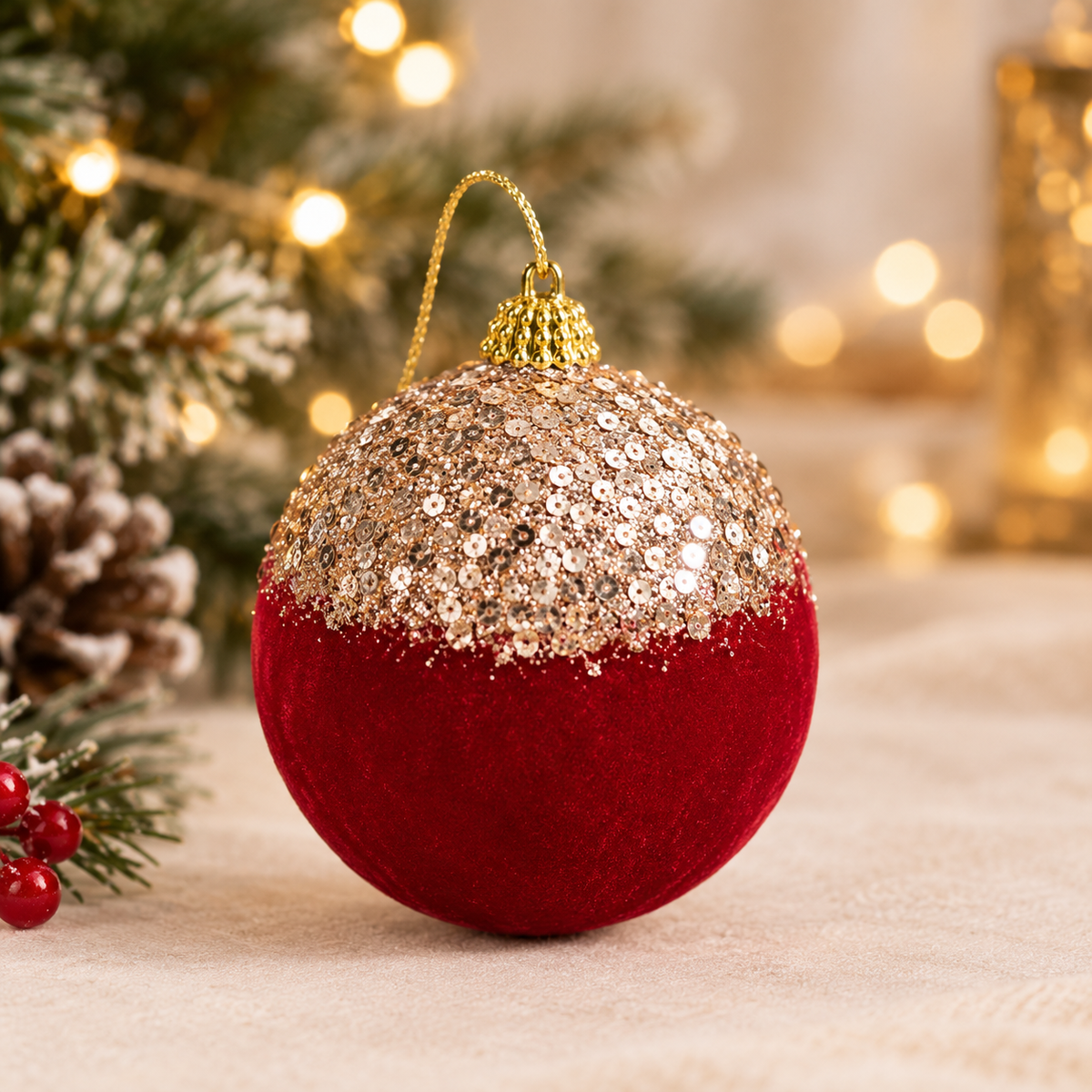 Red Velvet Bauble with Gold Sequin Glitter Top