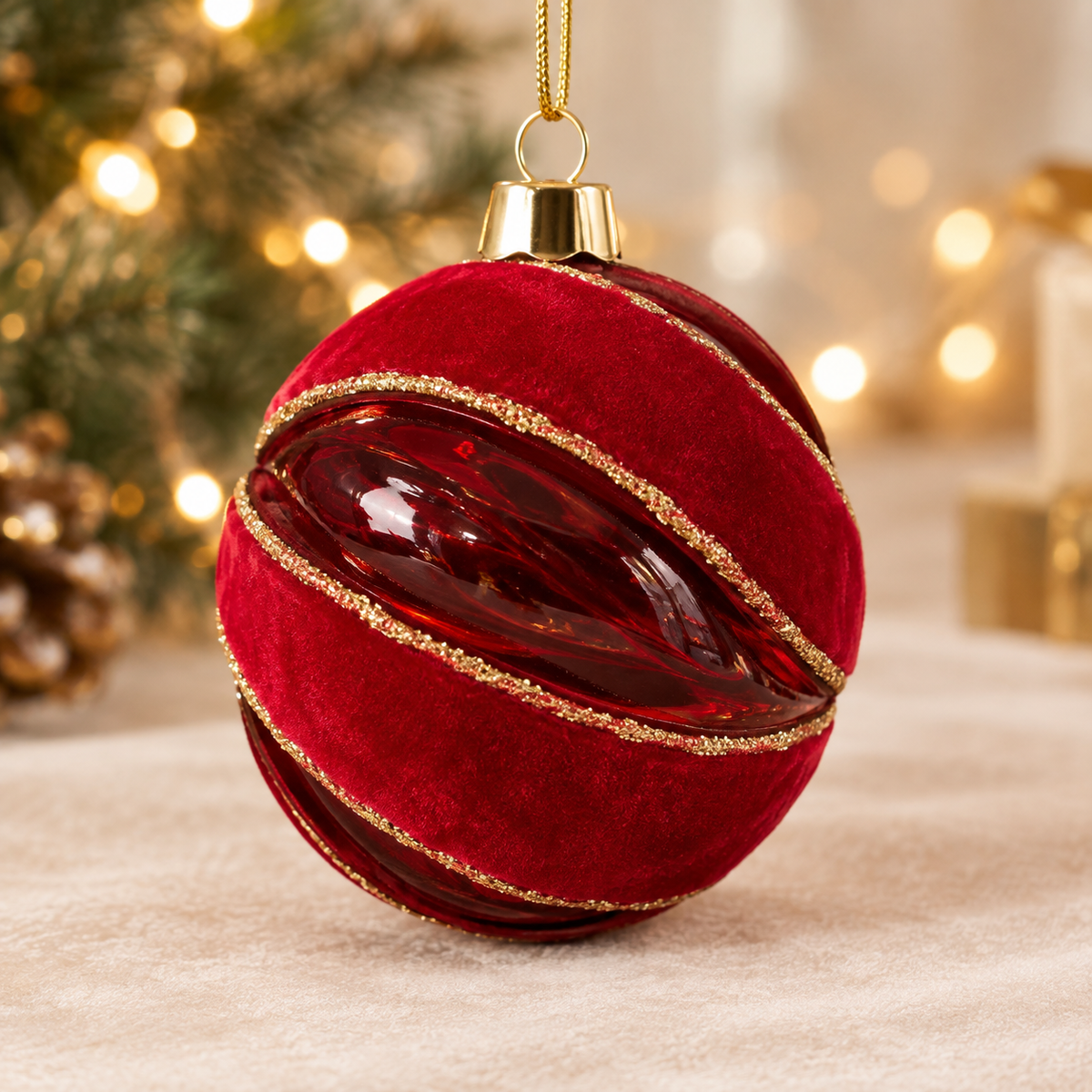 Red Glass Bauble Set with Gold Glitter Swirl – Assorted Shapes