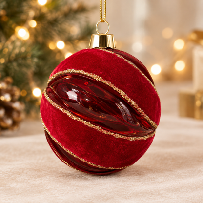 Red Glass Bauble Set with Gold Glitter Swirl – Assorted Shapes