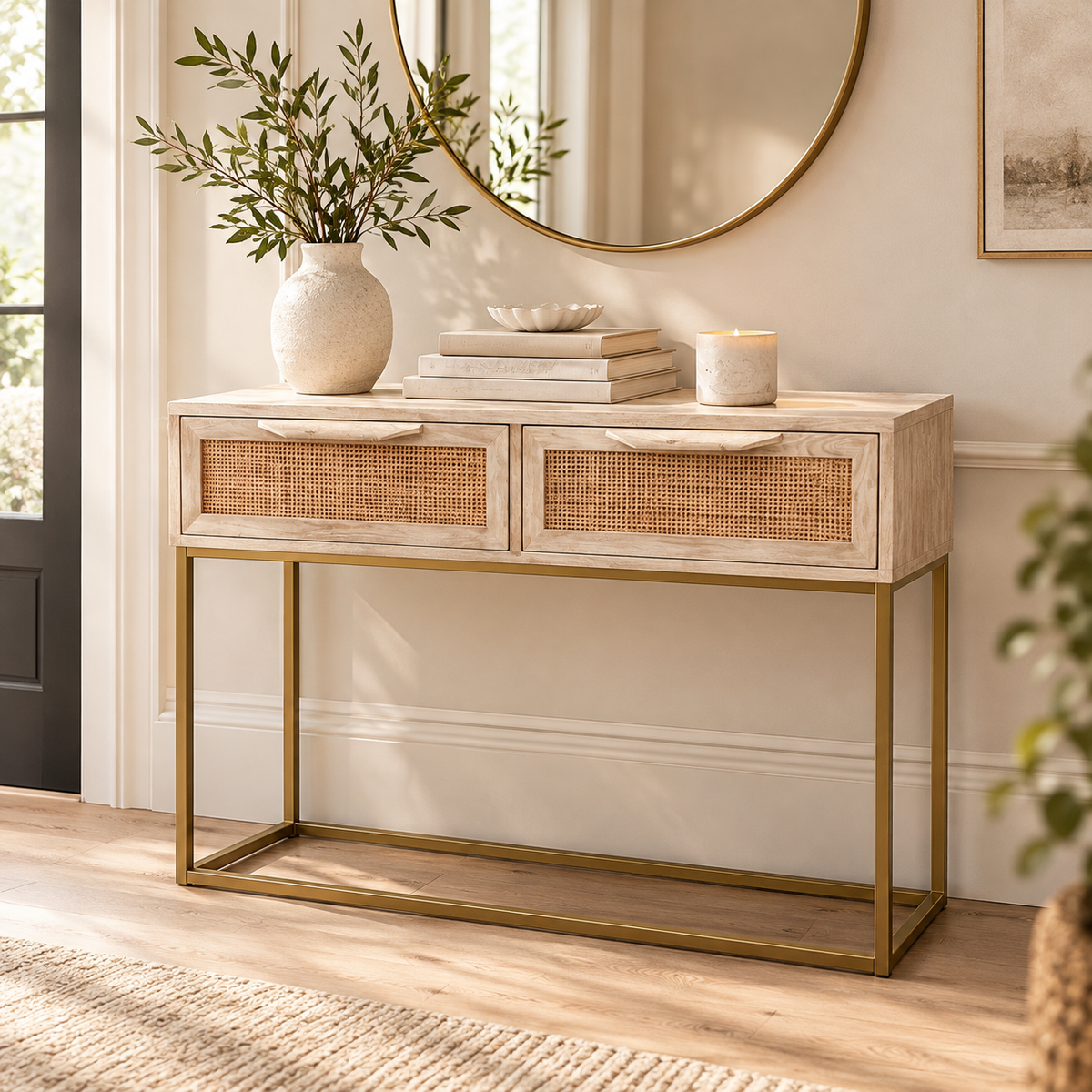 Rattan Cane Console Table with Gold Metal Legs, 2 Drawers