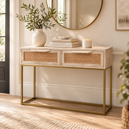 Rattan Cane Console Table with Gold Metal Legs, 2 Drawers