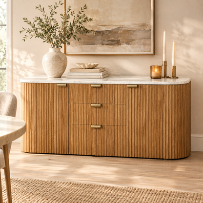 Fluted Wood Sideboard with Marble Top, Rounded Edge
