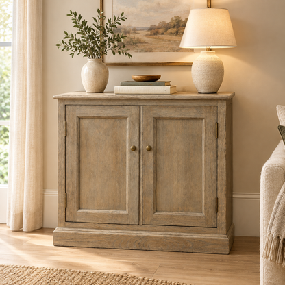 Rustic Oak 2-Door Cabinet with Brass Knobs