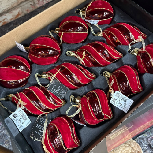 Red Glass Bauble Set with Gold Glitter Swirl – Assorted Shapes