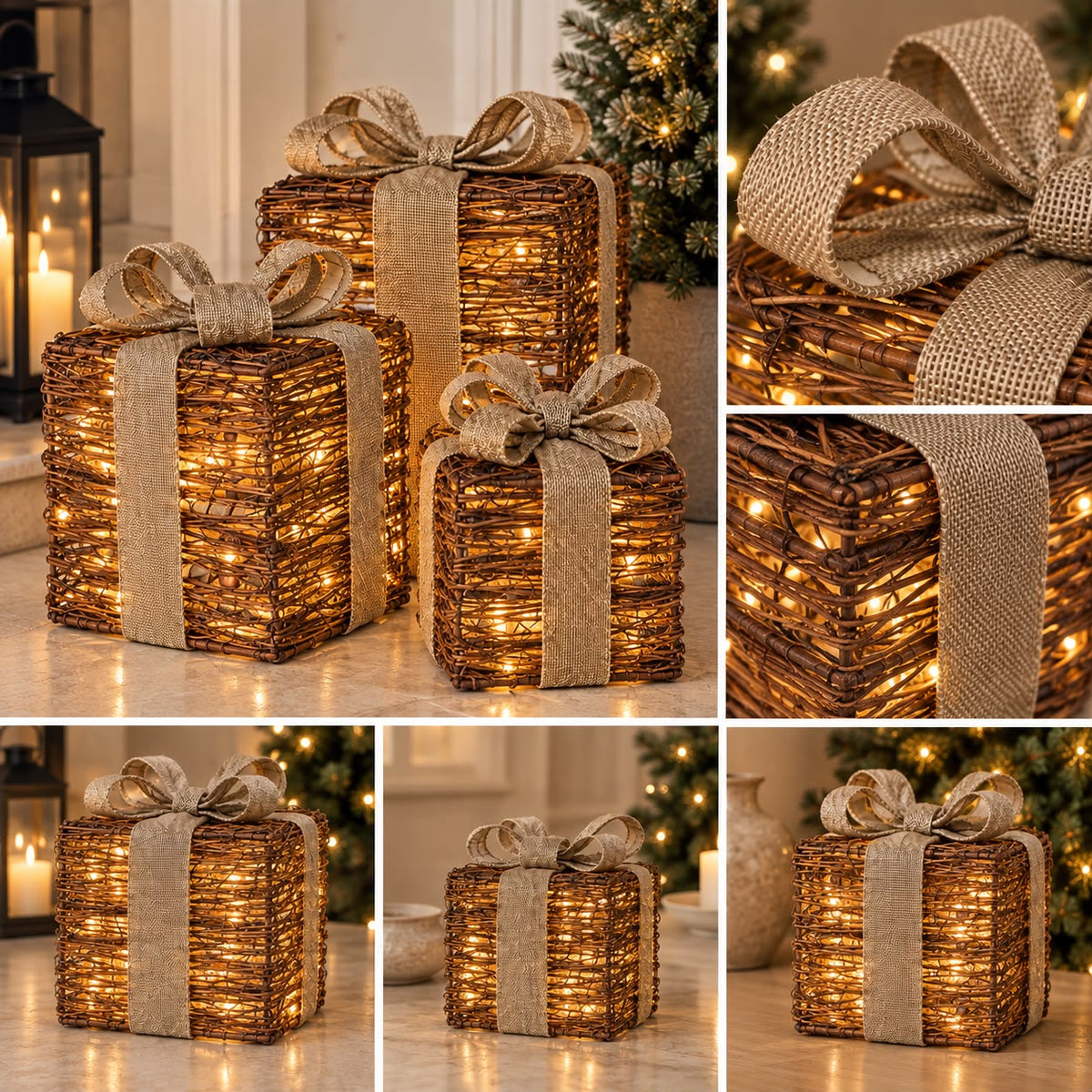 Set of 3 Light-Up Rattan Gift Boxes with Burlap Bow