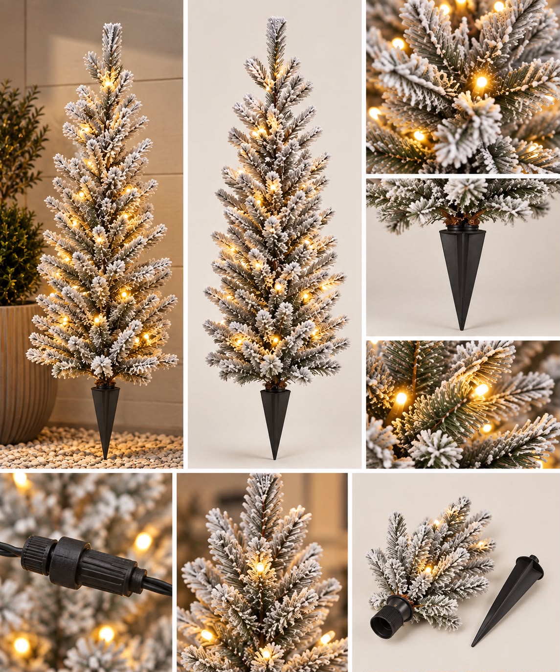 Pre-Lit Snow-Flocked Artificial Christmas Tree with Ground Stake