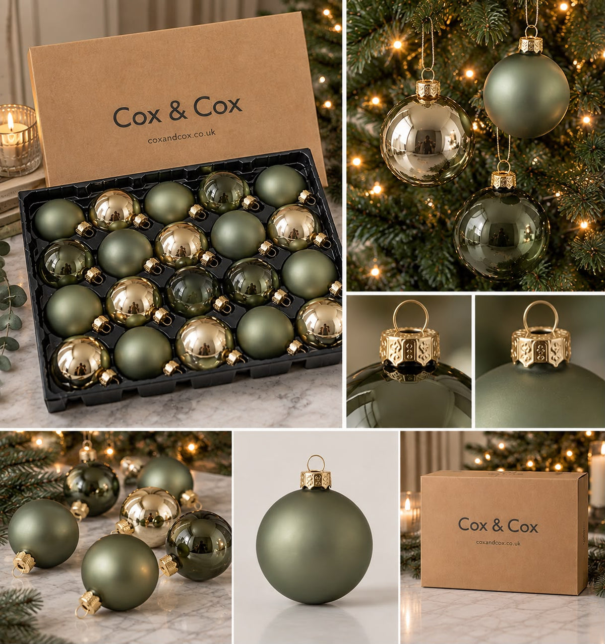 Glass Christmas Bauble Set – Sage Green & Gold, Mixed Finish