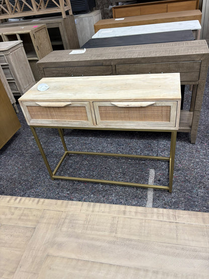 Rattan Cane Console Table with Gold Metal Legs, 2 Drawers