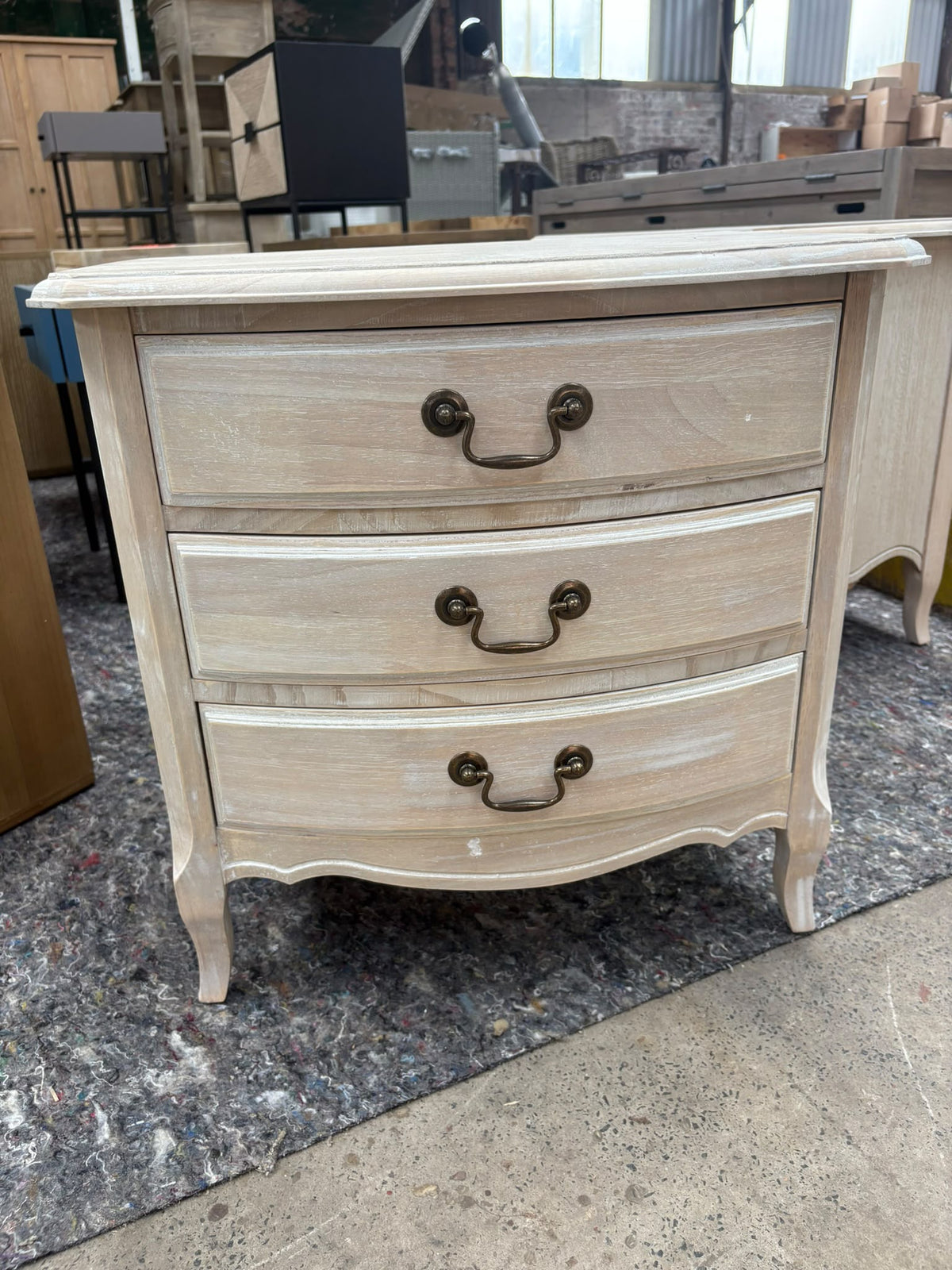 French-Style Whitewashed 3-Drawer Chest with Brass Handles