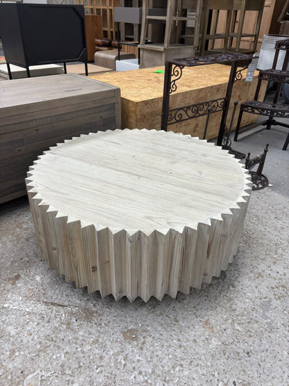 Round Scalloped Fluted Wood Coffee Table, Whitewashed Finish