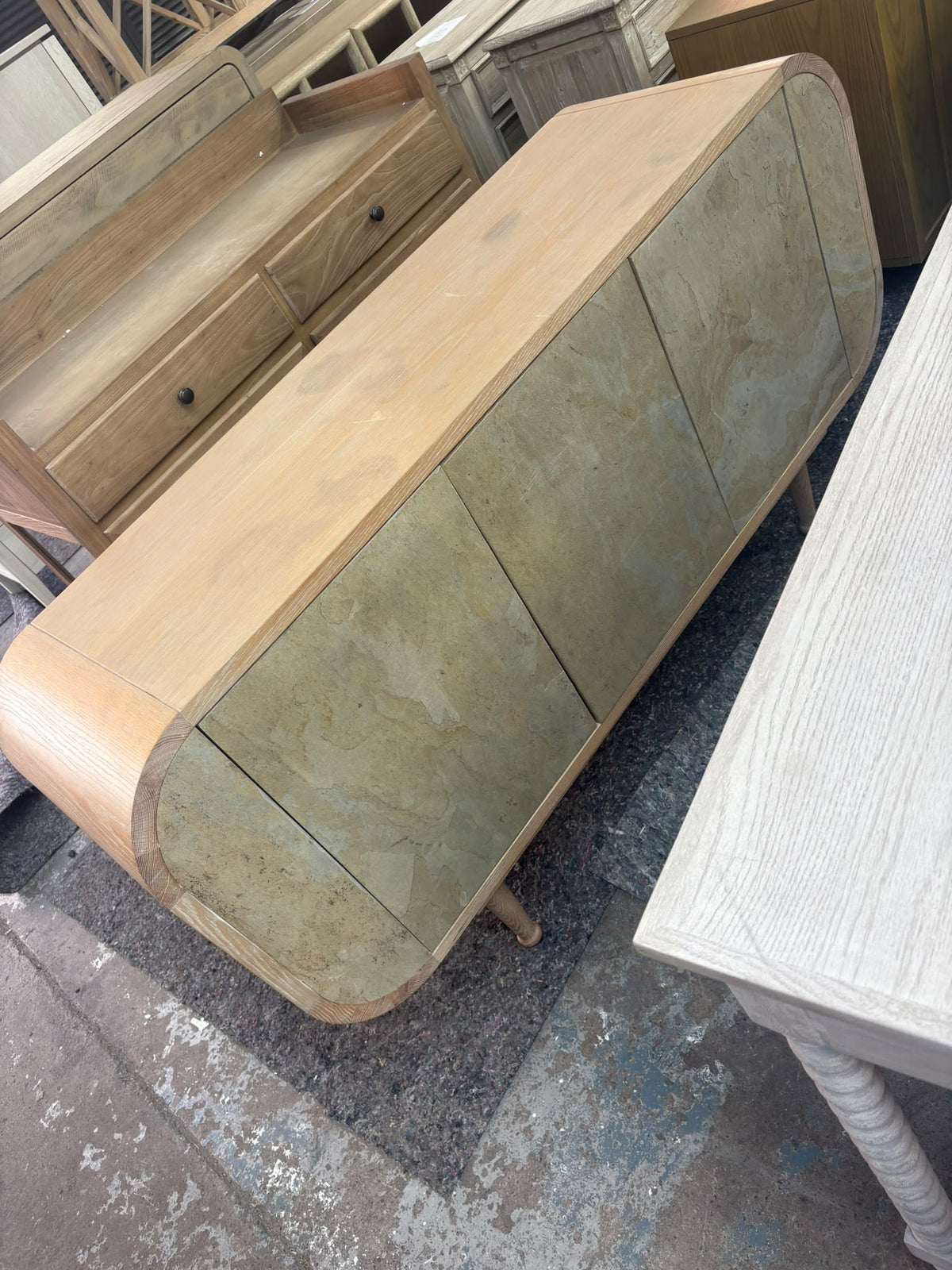 Curved Oak Sideboard with Stone-Effect Doors